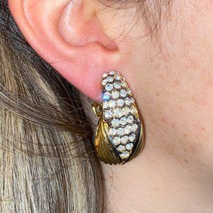 Vintage Clip-on Costume Jewelry Earrings Gold Tone Cluster Clear Stones
